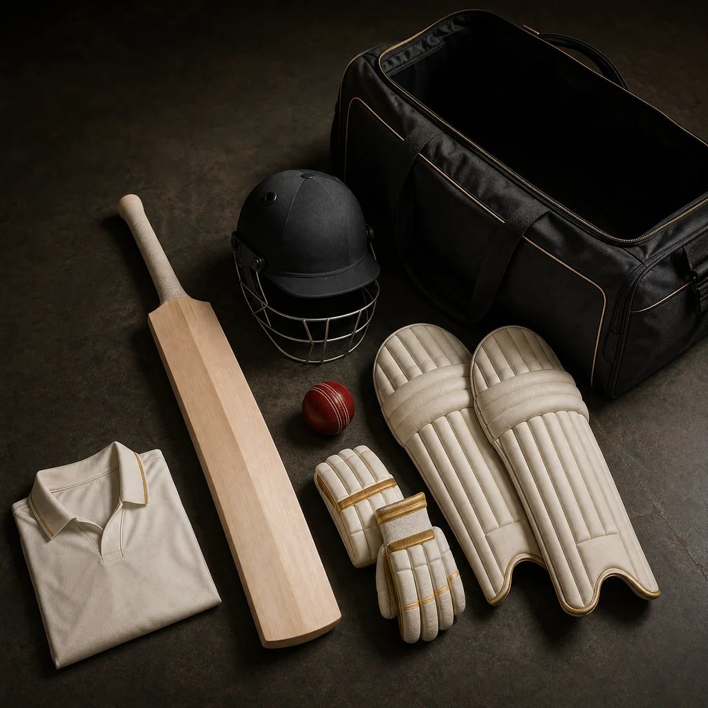 Unbranded cricket bat, ball, gloves, pads, helmet, jersey and kit bag arranged as a first-kit checklist