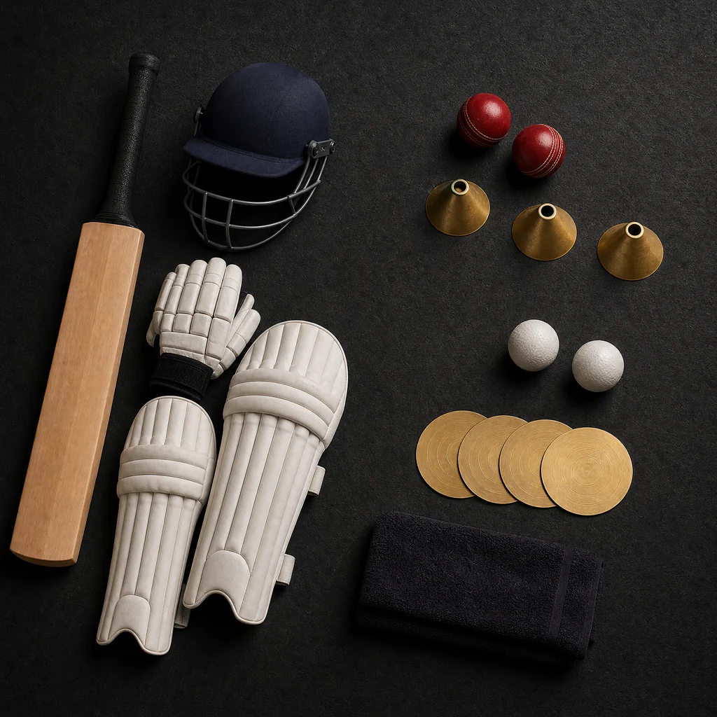 Unbranded bat, helmet, batting protection, cricket balls and training markers arranged by practice role