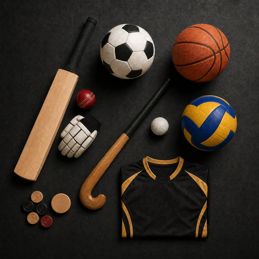 Unbranded cricket, football, hockey, basketball, volleyball, carrom and jersey products arranged for comparison