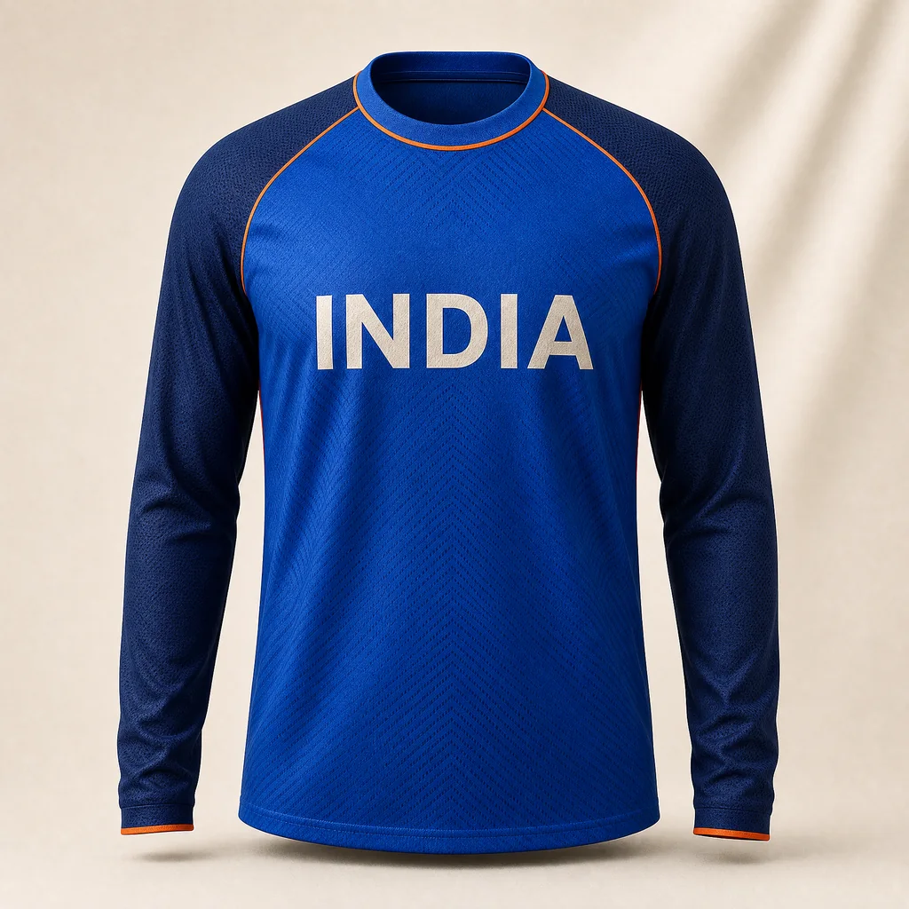 Original blue long-sleeve cricket supporter jersey with INDIA country name